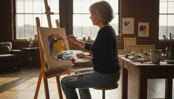 Painter mixing paints at studio workspace