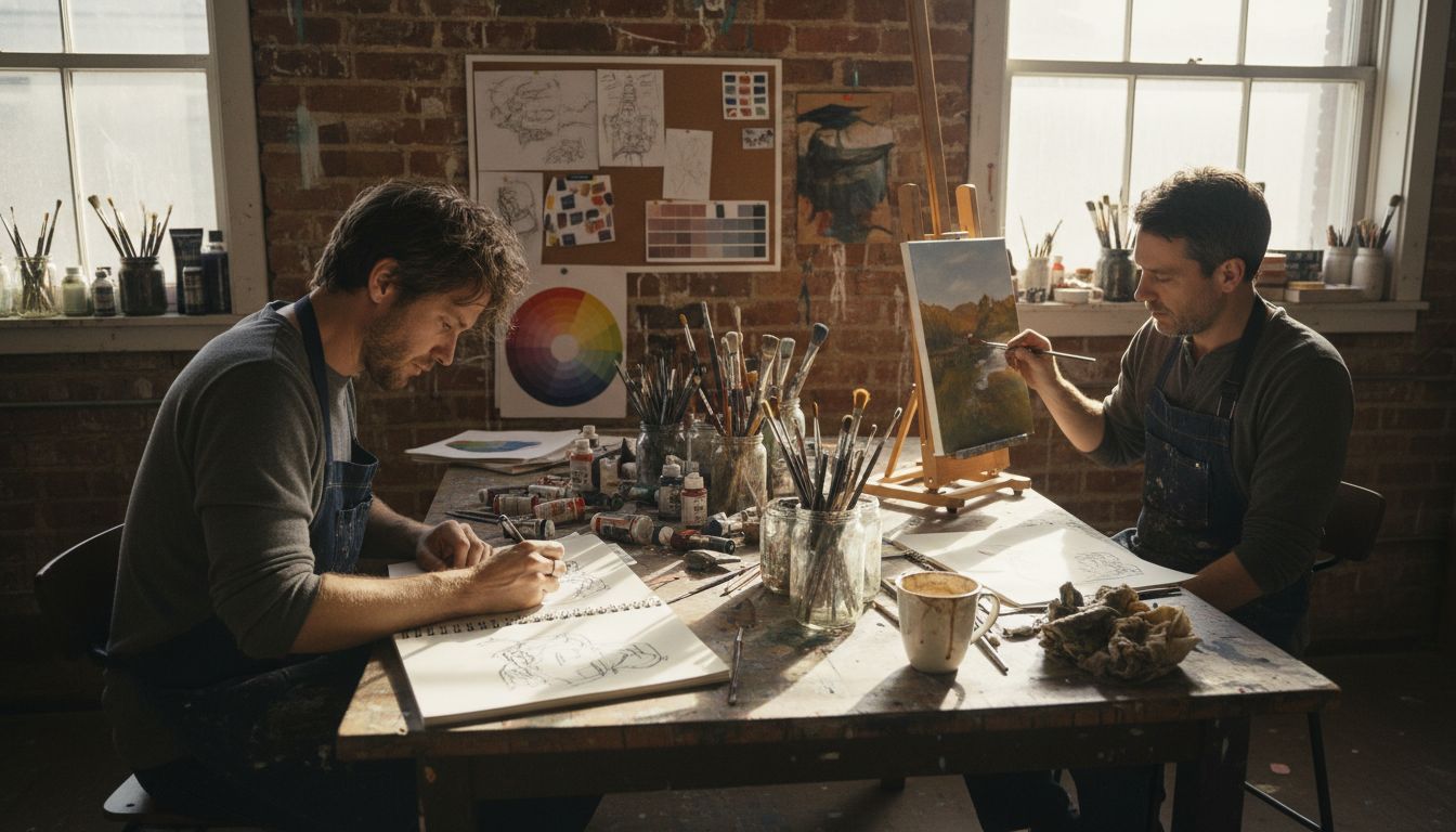 Artists working with color wheels and swatches in bright studio