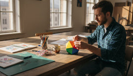 Designer assembling 3D colour wheel at studio table