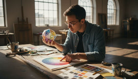 Art student comparing 2D and 3D colour wheels