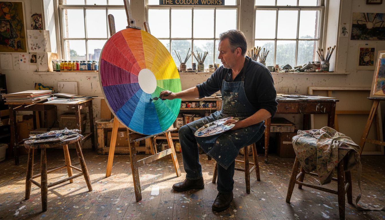 Artist painting three-dimensional color wheel in studio