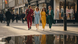 Group in colorful street fashion walking