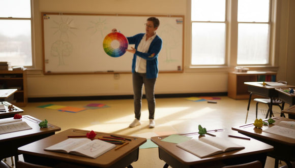 Art teacher explaining colour wheel to students