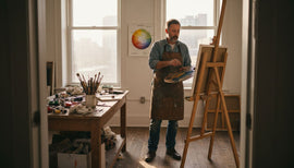 Artist mixing paints in sunlit studio workspace