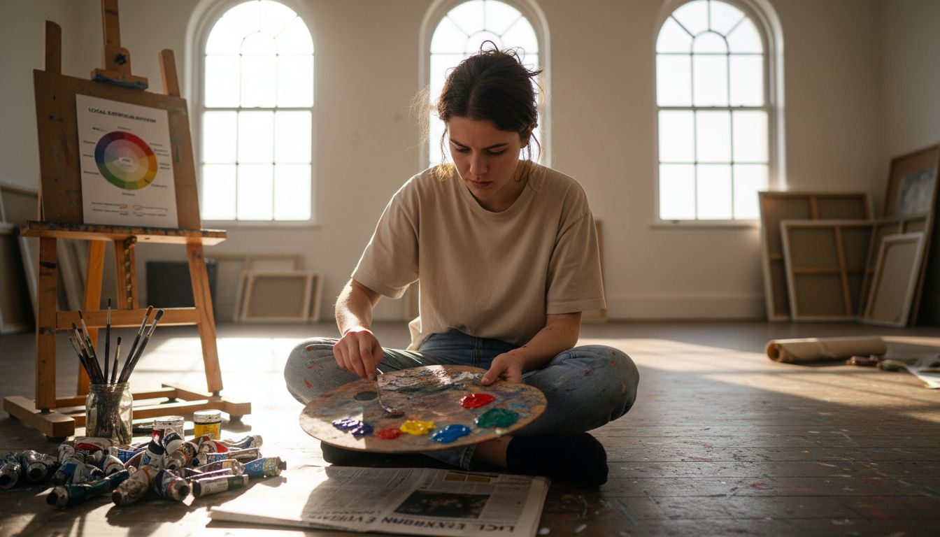 Art student mixing paint studies colour