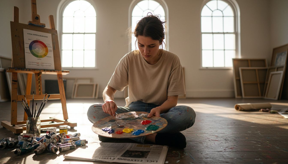 Art student mixing paint studies colour