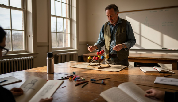 Art instructor demonstrating colour globe in class