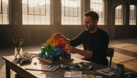 Artist turning 3D colour wheel at studio table