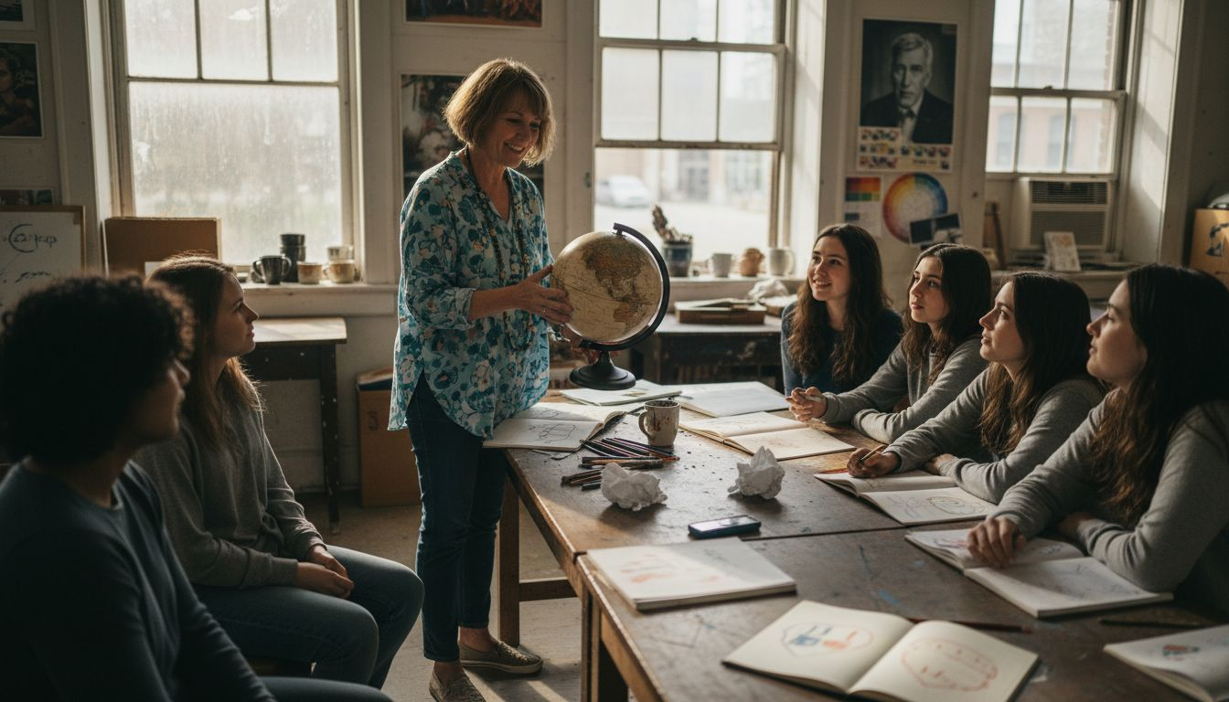 Art teacher showing 3D colour globe
