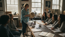 Art teacher showing 3D colour globe
