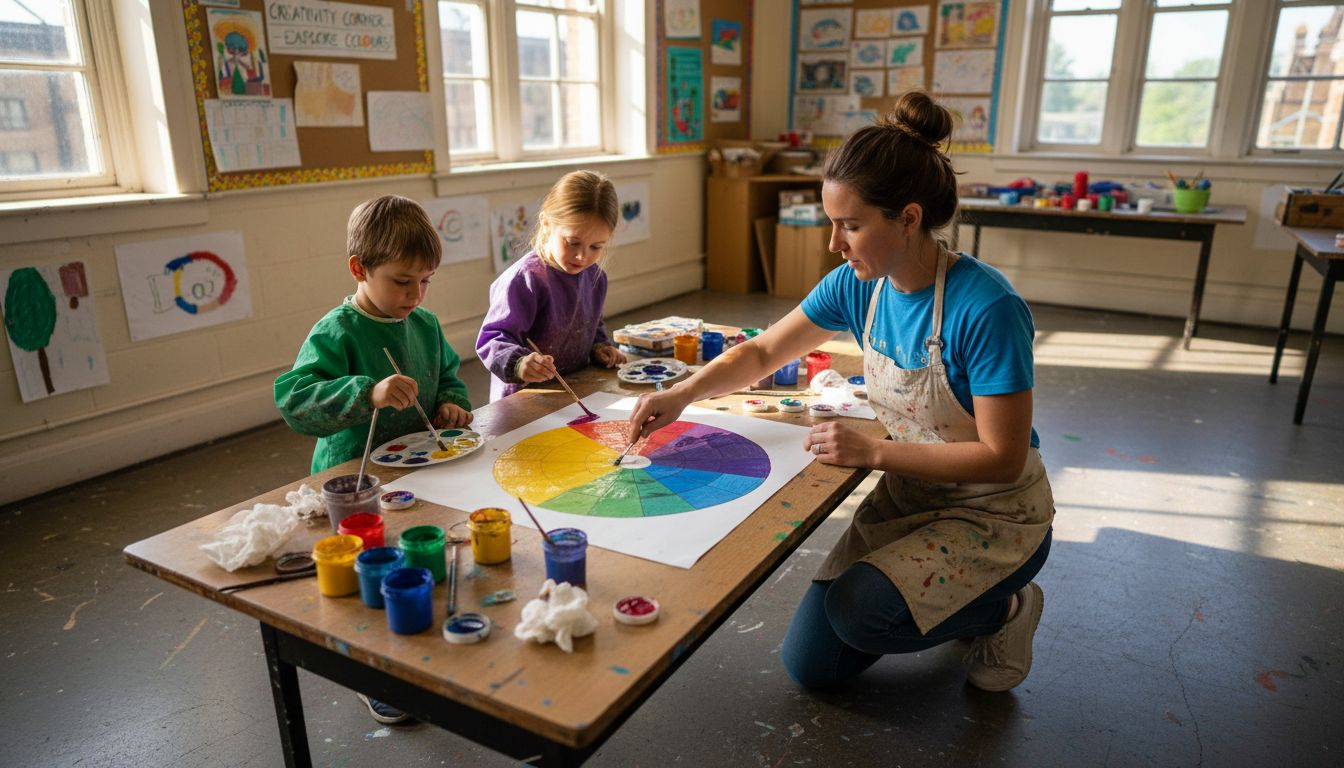 Art teacher and students painting colour wheel together