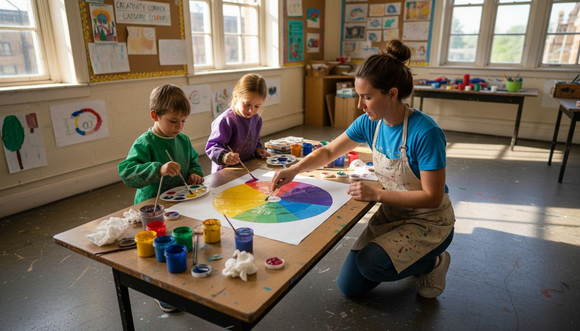 Art teacher and students painting colour wheel together
