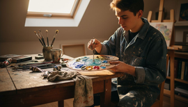 Artist mixing colours at palette in attic studio