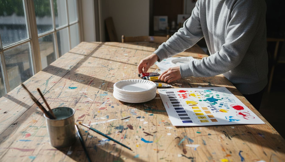 Designer arranging paint tubes for colour wheel