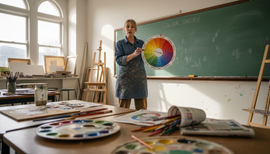 Art teacher explaining colour wheels to students