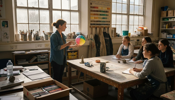 Teacher demonstrating 3D colour globe