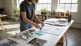 Designer prepping workspace for colour mixing