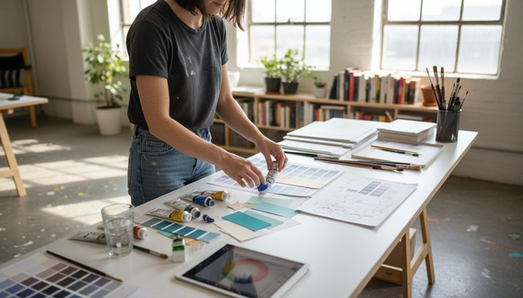 Designer prepping workspace for colour mixing