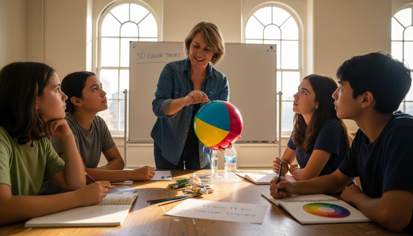 Teacher demonstrating 3D colour globe in classroom