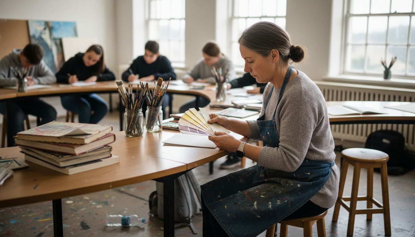 Art teacher sorting paint swatches in classroom
