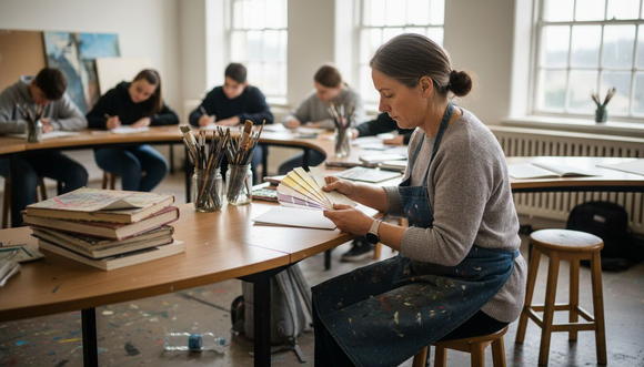 Art teacher sorting paint swatches in classroom