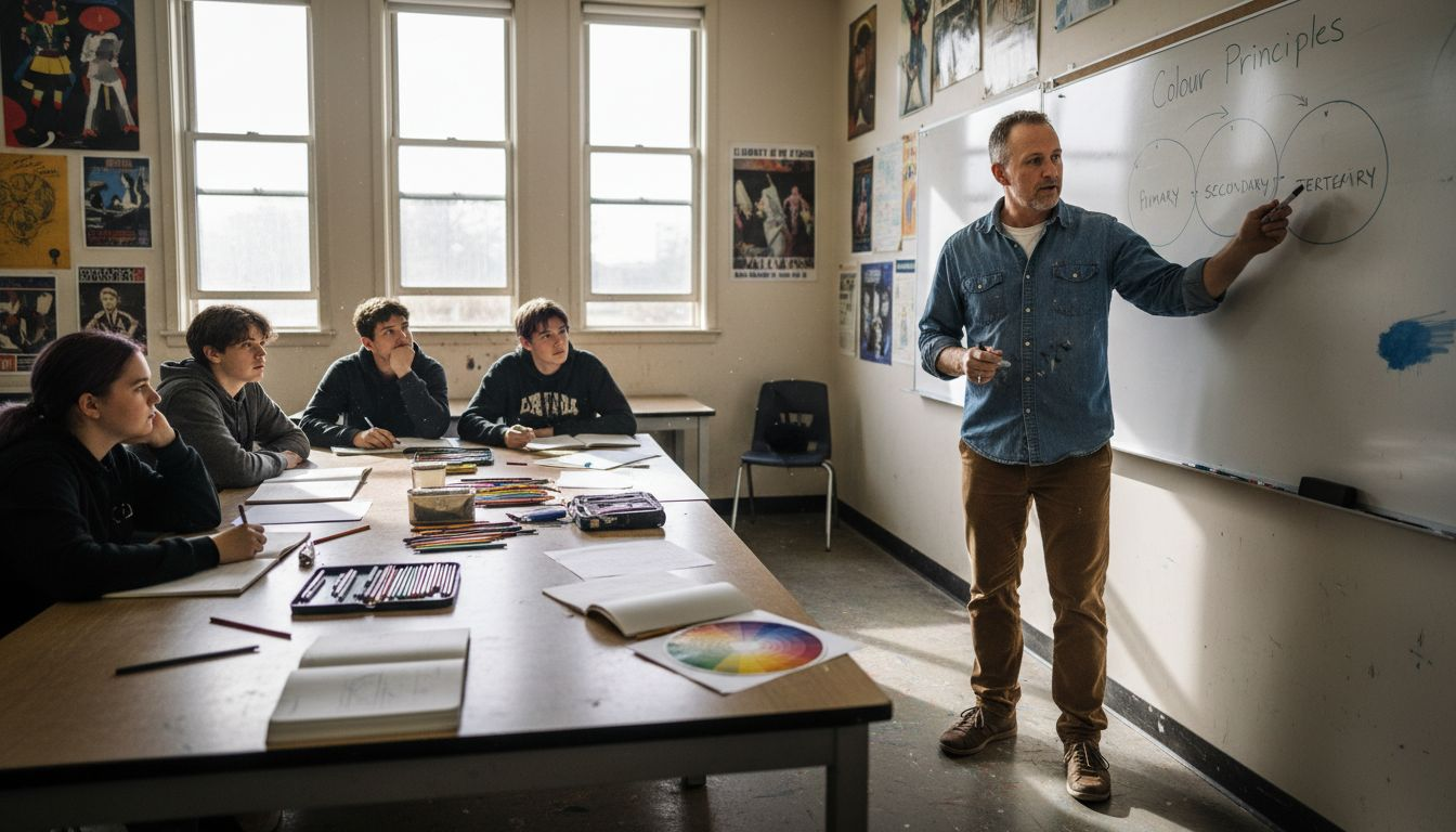 Teacher leading colour theory discussion with students
