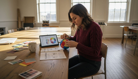 Woman assembling Kolormondo globe in studio