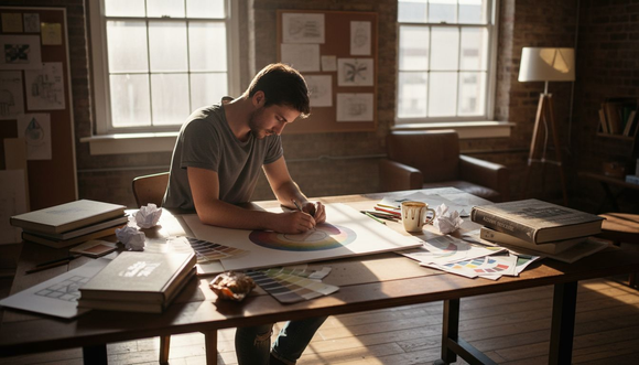 Designer sketching at drafting table with colour wheel