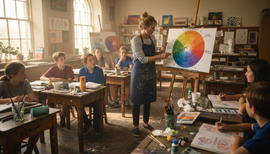 Art teacher showing colour wheel to class