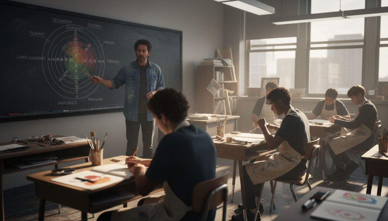 Art teacher explains colour theory with students