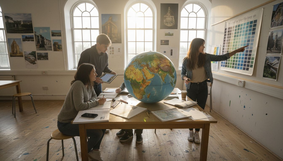 Students using 3D colour globe in classroom