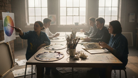 Art students mixing colours in bright studio