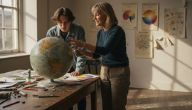Teacher showing 3D colour globe to student