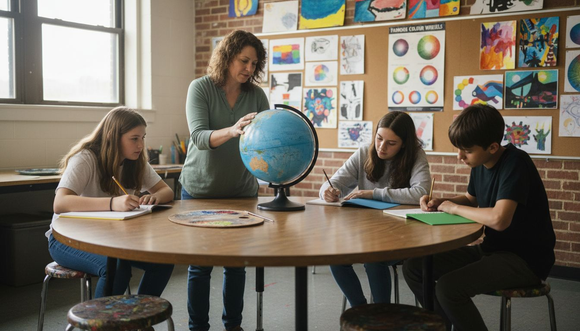 Art teacher demonstrating colour globe to students