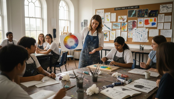 Art educator demonstrating colour theory to students