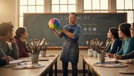 Art teacher demonstrating 3D color globe