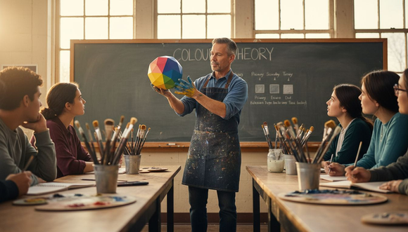 Art teacher demonstrating 3D color globe
