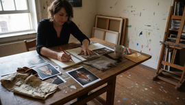 Artist organizing references in creative workspace