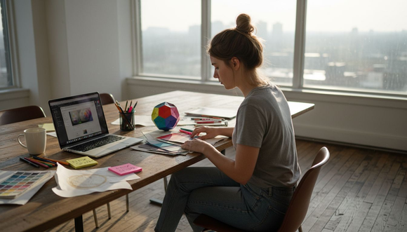 Designer reviewing color swatches in corner office