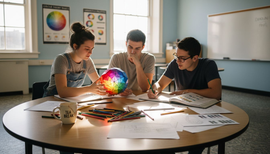 Students exploring 3D colour globe together