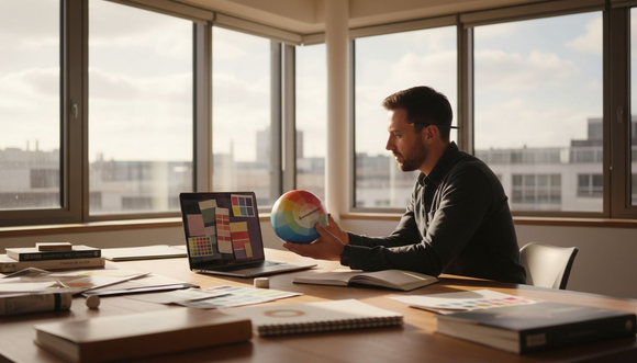 Designer comparing Kolormondo globe and colour swatches