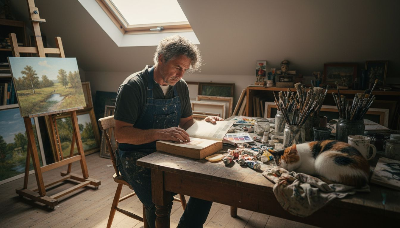 Artist studying colour in attic studio
